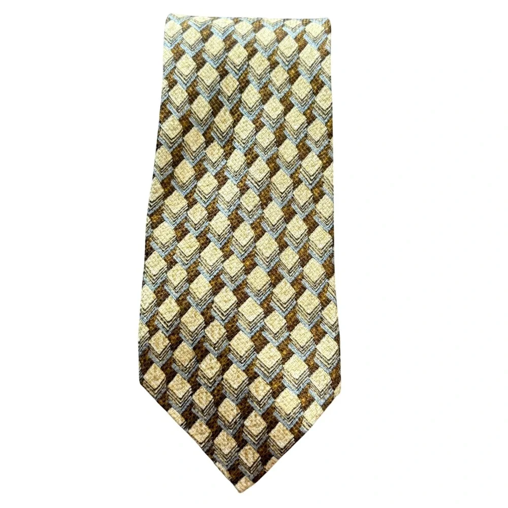Ermenegildo Zegna Silk Tie Mens Gold Brown Geometric Diamond Woven Italy 60in‎